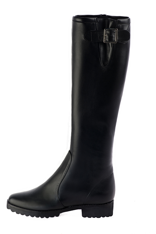 Satin black women's knee-high boots with buckles. Round toe. Flat rubber soles. Made to measure. Profile view - Florence KOOIJMAN
